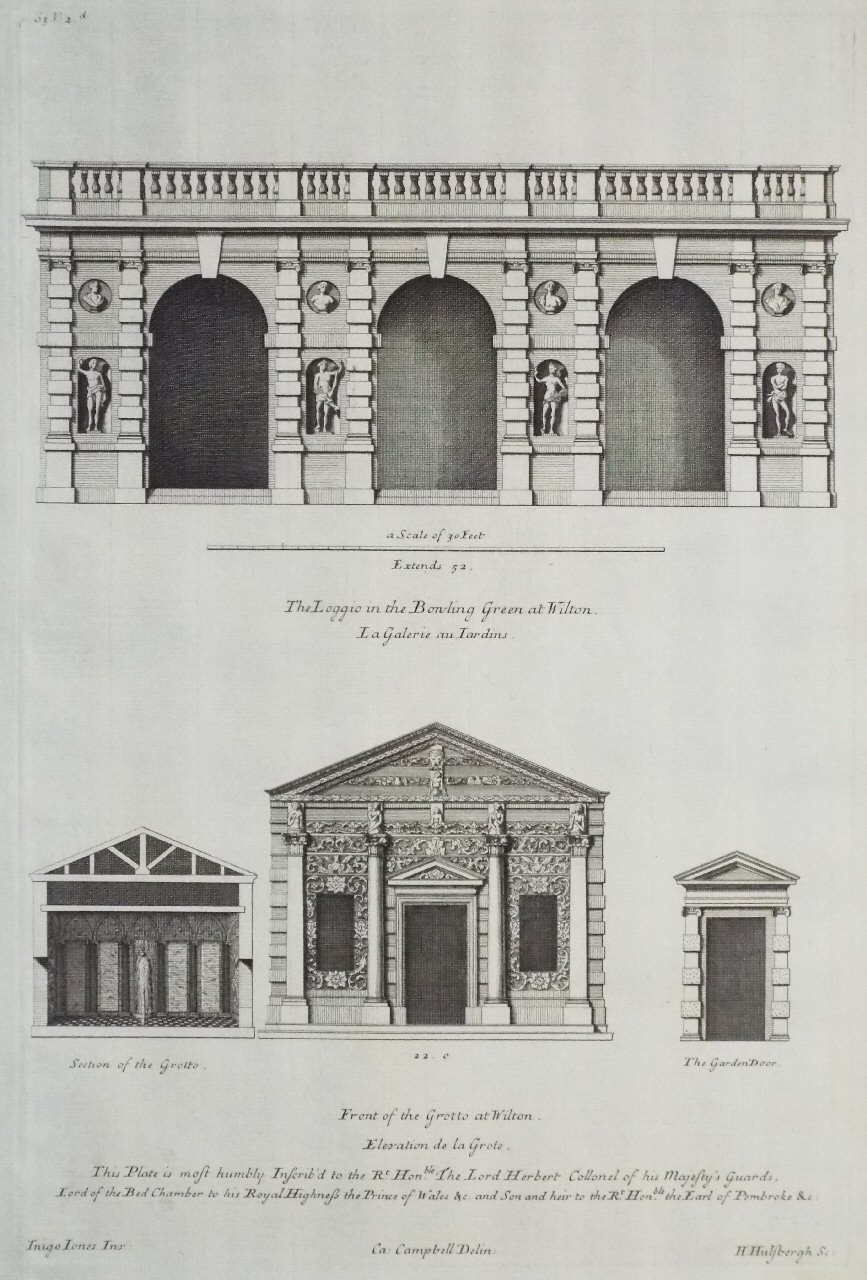 Print - The Loggio in the Bowling Green at Wilton. Front of the Grotto at Wilton. - Hulsbergh